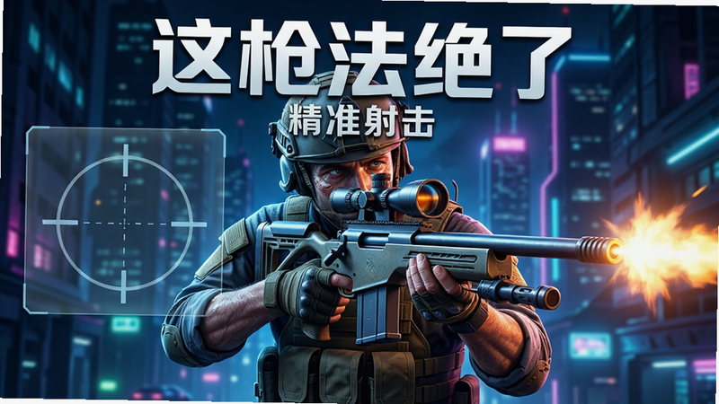 主体为《这枪法绝了》游戏的高清主视觉海报,画面中央是一名身穿战术装备的特工手持狙击枪,背景是霓虹闪烁的未来城市夜景,枪口喷出的火光与周围冷色调形成强烈对比。布局采用中心构图,人物占据画面60%面积,左侧有半透明的全息瞄准镜UI元素悬浮。排版简洁,顶部居中显示大号粗体文字