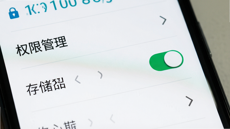主体为手机设置界面特写,布局聚焦于“权限管理”选项,背景为安卓系统默认风格,排版清晰,风格为极简UI设计,细节包含高亮的“存储权限”开关按钮,画质清晰,干净,无多余元素