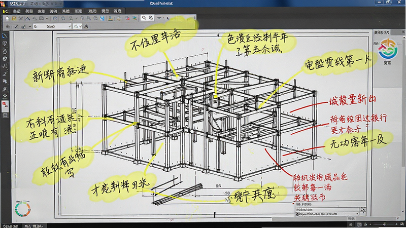主体为CAD看图工地批注界面,布局为一张复杂的钢结构图纸,上面覆盖着黄色的云线批注和红色文字说明,排版自由散落,风格为真实工作场景模拟,细节包含手写体风格的中文批注,画质自然,干净,无多余元素
