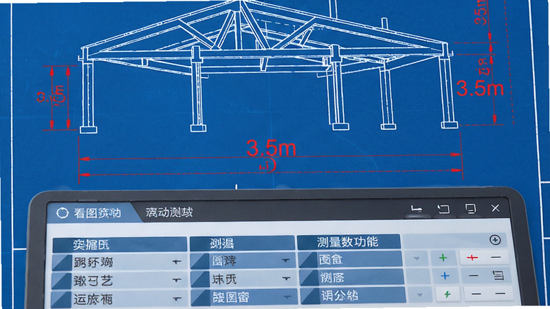 主体为CAD看图工地测量功能特写,布局上方为建筑梁柱结构图,下方为测量数据面板,排版紧凑,风格为工程蓝图风格,细节包含红色的长度数值“3.5m”与角度标识,画质锐利,干净,无多余元素