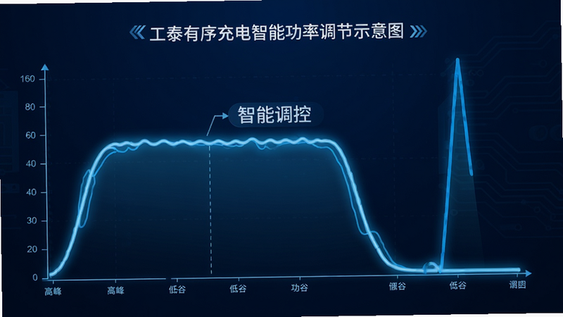 工泰有序充电智能功率调节示意图,展示一条随时间波动的功率曲线,高峰段平缓,低谷段陡峭,背景为深蓝色科技风,线条发光,标注“智能调控”字样,高清,干净
