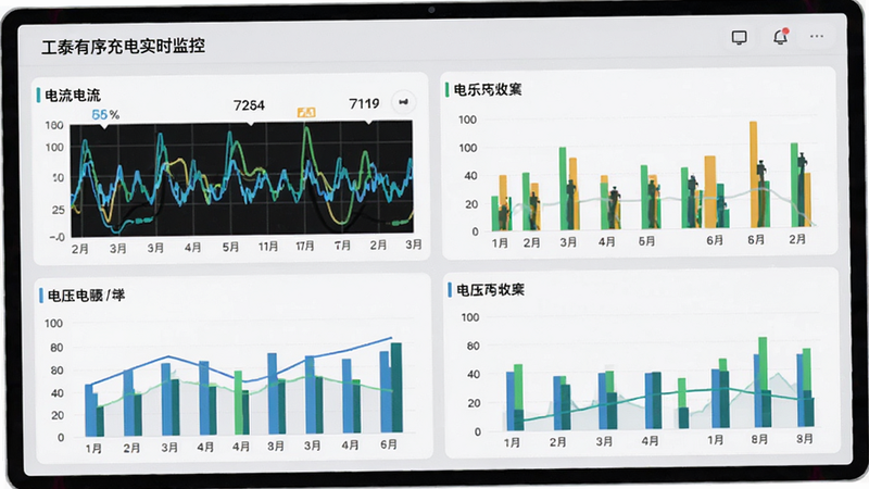 工泰有序充电实时监控面板,显示多个实时数据图表,包括电流波形图、电压柱状图,界面清爽,数据高亮显示,背景为浅灰色,风格扁平化,高清,无多余元素