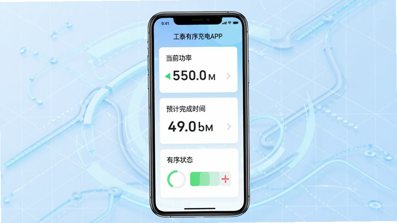 工泰有序充电APP主界面预览图,手机屏幕居中显示,背景为淡蓝色科技网格,界面包含“当前功率”、“预计完成时间”、“有序状态”三个核心数据卡片,字体清晰,风格现代简约,高清,无多余元素