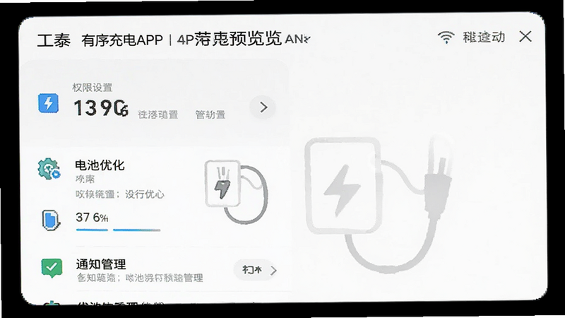 工泰有序充电APP设置界面预览,显示权限设置、电池优化、通知管理等选项,界面清晰,图标简洁,背景为白色,风格扁平,高清,干净