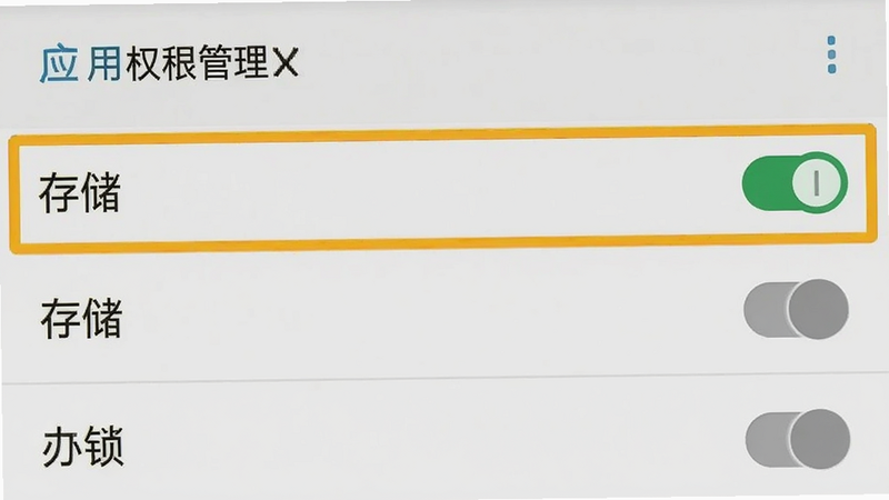 手机设置界面截图,显示应用权限管理页面,高亮显示“存储”权限已开启,其他权限关闭,背景为安卓系统原生UI,文字清晰,风格为教程示意图,简洁明了,无多余图标