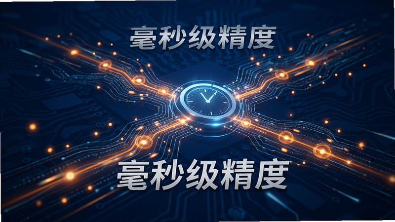主体为抽象的时间轴概念图,背景为深蓝色科技风格,布局呈现多条数据流线汇聚至中心时钟图标,排版具有动态速度感,细节展示橙色光点代表数据同步,文字标注“毫秒级精度”,画质清晰,无杂乱背景