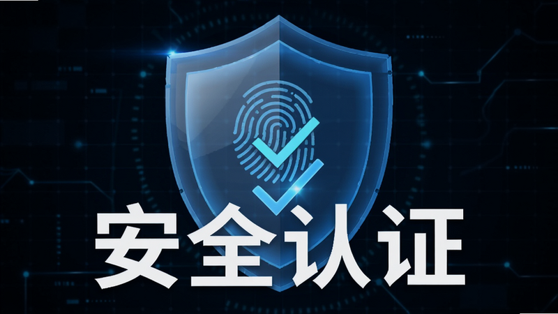 盾牌图标与手机认证界面的组合视觉图,盾牌呈半透明蓝色,内部有指纹识别与对勾符号,背景为深色科技网格,象征安全与防护,文字“安全认证”居中显示,字体醒目,风格现代,高清渲染