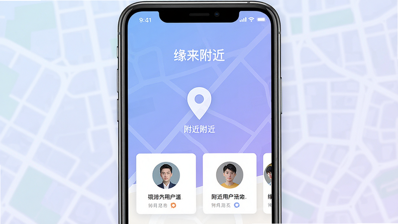 一张现代简约风格的智能手机界面展示图,主体为“缘来附近”APP首页,屏幕中央显示地图定位图标与附近用户头像卡片,背景为柔和的蓝紫色渐变,UI设计扁平化,字体清晰,画面干净,无多余装饰,高清质感,正面平视视角