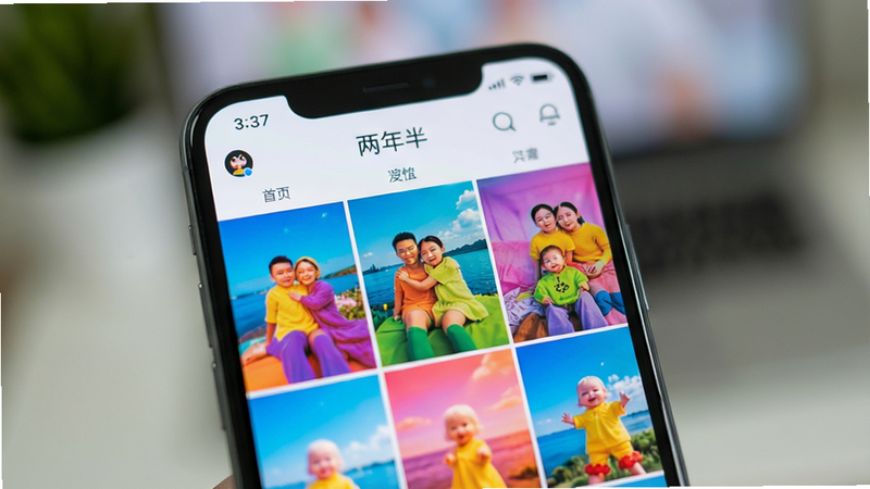 手机屏幕特写,展示“两年半”APP内的图片浏览界面,图片色彩鲜艳,布局整齐,背景虚化,突出屏幕内容,风格清新,高清,无多余元素