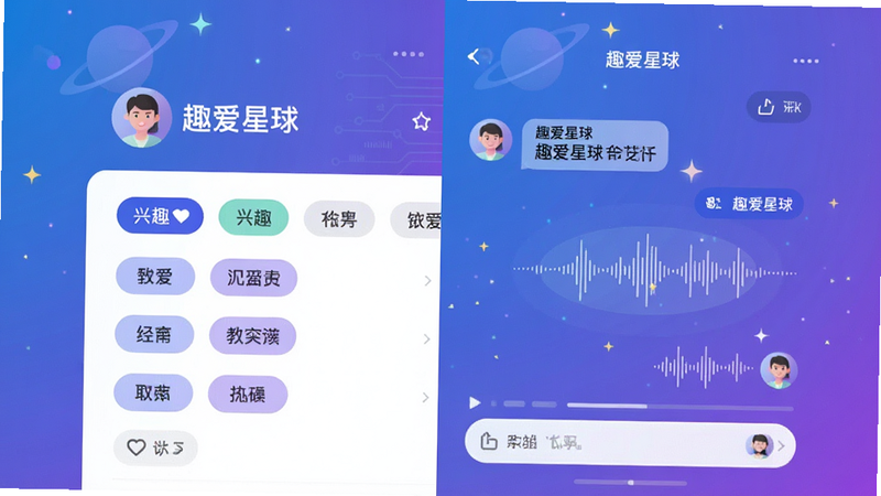 主体为“趣爱星球”APP界面全景图,布局采用左右分屏,左侧展示用户头像与兴趣标签列表,右侧显示实时聊天窗口与声音波形动效,排版简洁现代,风格为扁平化科技蓝紫渐变,细节处点缀星光粒子特效,画质高清8k,干净无多余元素,文字标注“趣爱星球”