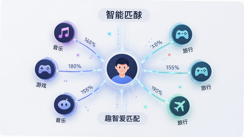 主体为“趣爱星球”智能匹配算法示意图,布局为中心放射状结构,中心是用户头像,周围环绕着“音乐”、“游戏”、“旅行”等兴趣图标,连线显示匹配度百分比,排版逻辑清晰,风格为极简科技风,细节处有数据流动光效,画质清晰,干净无杂乱背景,文字标注“智能匹配”