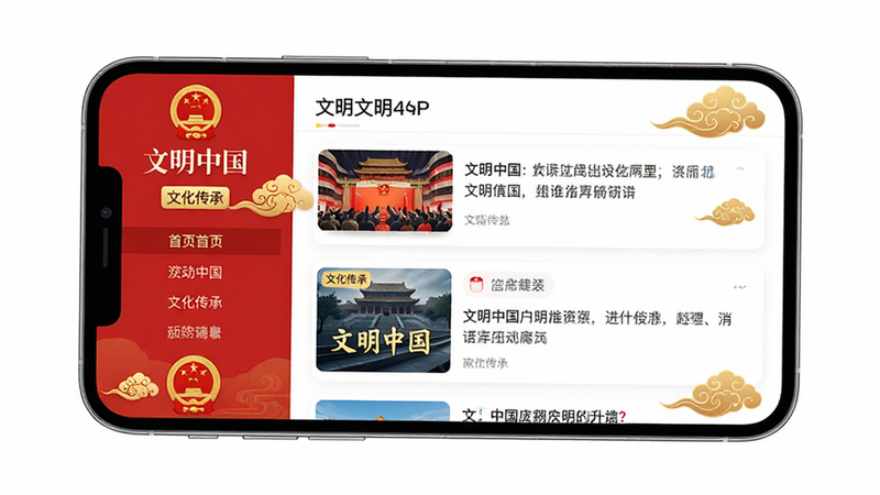 主体为“文明中国”APP高清手机界面预览图,布局采用左侧导航栏右侧内容流设计,排版整洁大气,风格为现代中式简约科技风,细节处可见红色国徽元素与金色祥云纹饰点缀,文字清晰显示“文明中国”及“文化传承”标签,画质4K超清,色彩饱满,背景纯白无多余元素