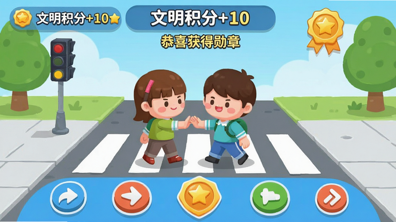主体为游戏互动界面,布局为底部操作区顶部得分区,排版活泼明亮,风格为卡通扁平化设计,细节展示人物角色进行礼让斑马线动作,文字显示“文明积分+10”、“恭喜获得勋章”,画质高清可爱,色彩明快,背景简洁,无复杂装饰