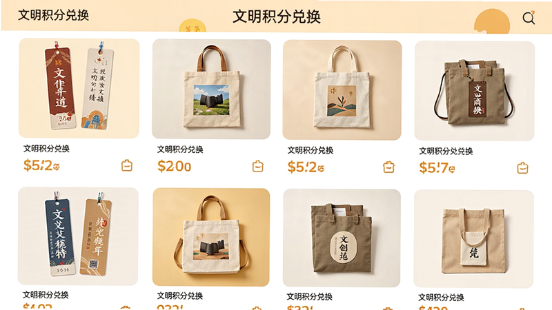 主体为积分商城界面,布局为网格状商品展示,排版整齐,风格为电商简约风,细节显示文创书签、环保袋等商品图片及价格,文字标注“文明积分兑换”,画质高清,色彩温暖,背景干净,无杂乱元素