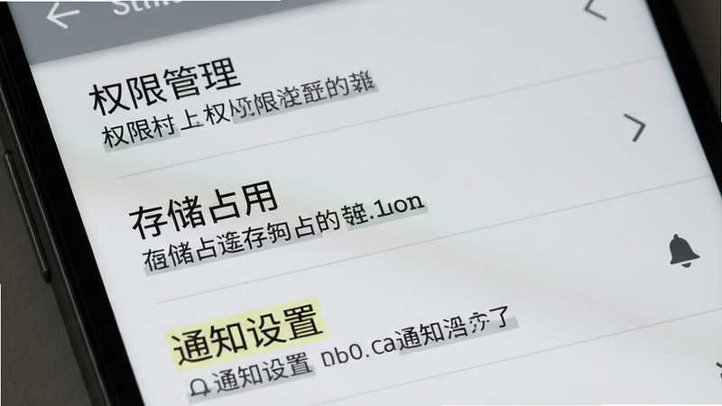 主体为手机设置界面特写,布局为列表形式,排版清晰,风格为Android原生设计,细节显示“权限管理”、“存储占用”、“通知设置”选项,文字高亮显示关键设置项,画质高清,界面简洁,无多余图标,色彩中性灰白