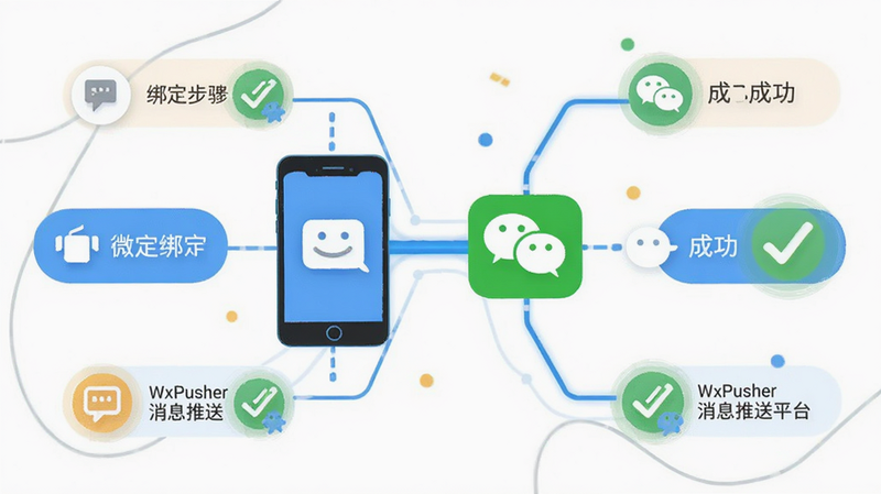 描绘WxPusher消息推送平台的微信集成流程,主体为手机与微信图标连接线,布局为中心放射状,风格为流程图式插画,细节包含绑定步骤图标与成功对勾,画质明亮,干净,无多余元素