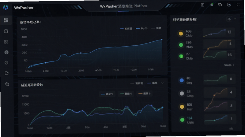 展示WxPusher消息推送平台的稳定性监控仪表盘,主体为数据图表与状态指示灯,布局为仪表盘风格,风格为深色科技风,细节包含成功率曲线与延迟毫秒数,画质锐利,干净,无多余元素