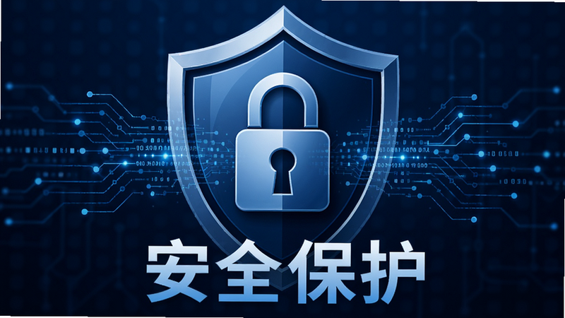 主体为盾牌图标与锁头元素,布局紧凑居中,排版严谨庄重,风格科技蓝调,细节展示加密数据流线条,文字包含