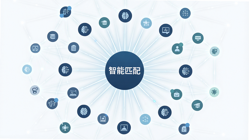 主体为抽象化的连接网络图,布局呈中心辐射状,排版对称平衡,风格现代扁平化,细节展示不同图标节点之间的光线连接,文字包含