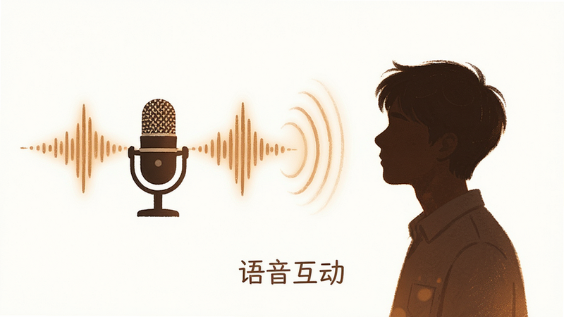 主体为声波波形与人物剪影,布局左右平衡,排版留白充足,风格温暖治愈,细节展示麦克风图标与声波扩散效果,文字包含