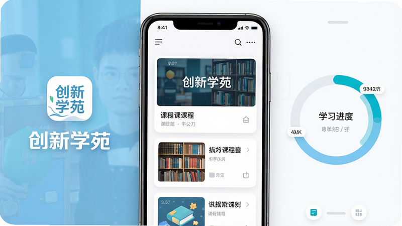 主体为手机应用界面预览图,布局清晰,左侧显示“创新学苑”Logo及标题,中间展示课程列表卡片,包含封面图与标题,右侧为学习进度环,排版整齐,风格为现代扁平化UI设计,细节包含高清图标与柔和阴影,画质4k,干净,无多余元素