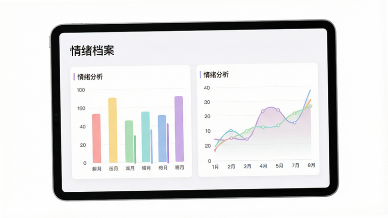 主体为平板电脑屏幕,展示彩虹解压盒子-减压放松神器的情绪分析图表,布局清晰直观,排版左右分栏,风格科技简约,细节包含柱状图和折线图,颜色为柔和的马卡龙色系,画质精致,干净,无多余元素,屏幕标题为