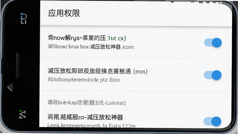 主体为安卓手机设置界面截图,展示彩虹解压盒子-减压放松神器的权限设置页面,布局标准列表式,排版清晰,风格系统原生,细节包含开关按钮和权限文字描述,画质清晰,干净,无多余元素,屏幕标题为