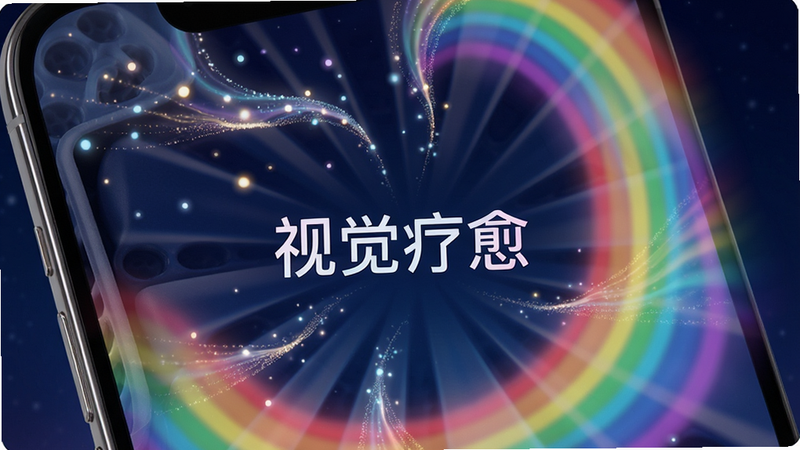 主体为手机屏幕特写,展示彩虹解压盒子-减压放松神器内的视觉疗愈界面,布局充满动感,排版呈放射状,风格梦幻唯美,细节包含流动的光点和彩虹色波纹,画质超清,干净,无多余元素,屏幕中心有文字