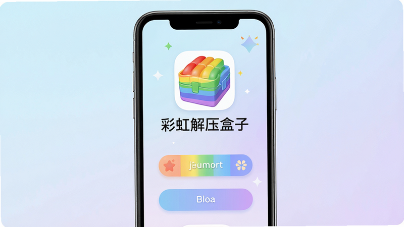 主体为手机屏幕界面,展示彩虹解压盒子-减压放松神器的主页,布局采用极简主义,排版居中对称,风格清新治愈,细节包含柔和的渐变色块和圆角按钮,画质高清,干净,无多余元素,屏幕中央显示应用名称文字