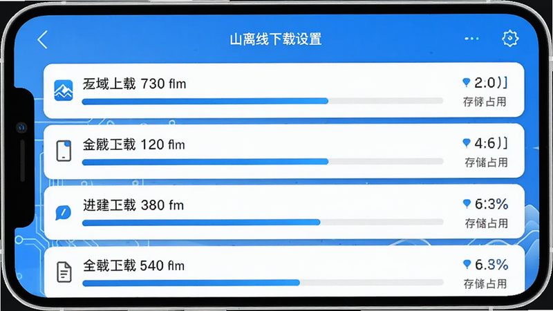 主体是“山河”APP的离线下载设置界面,布局为列表形式,显示不同区域的下载进度条,排版简洁,风格为科技感蓝色调,细节包括百分比显示与存储占用提示,画质清晰,干净,无多余元素