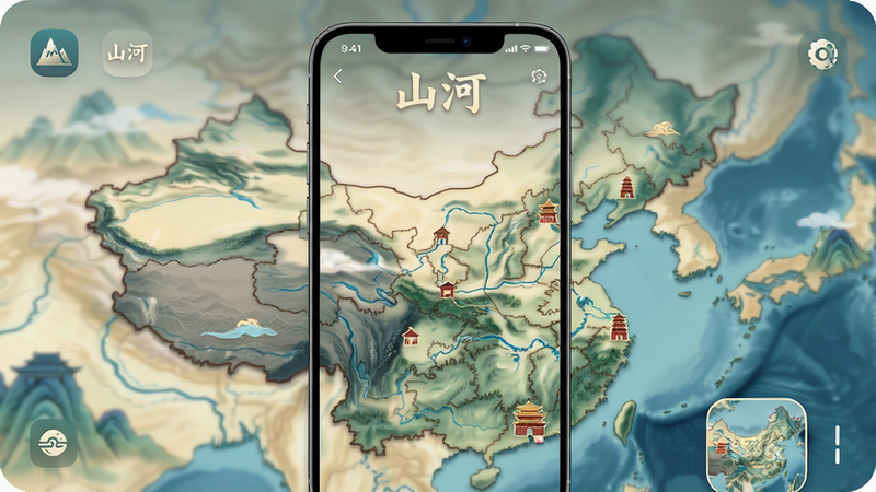 主体为一款名为“山河”的手机APP界面,布局采用全屏沉浸式设计,顶部显示软件名称“山河”,背景是高清的中国山水画风格地图,包含山脉、河流与地标,排版简洁大气,风格为新中式国风,细节包含精致的UI图标与柔和的光影效果,画质8k,干净,无多余元素