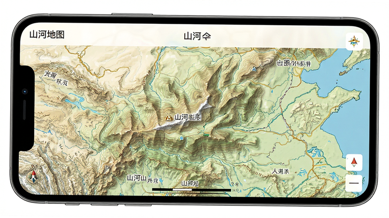 主体是“山河”APP的地图界面特写,布局为全屏地图视图,中心高亮显示某处山脉,排版清晰,风格为写实与插画结合,细节包括等高线纹理与地名标注,画质高清,干净,无多余元素
