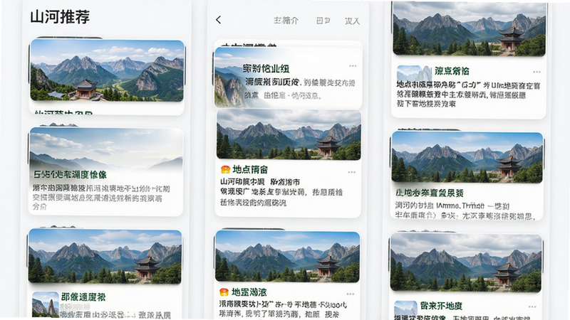 主体是“山河”APP的地标推荐列表页,布局为卡片式垂直排列,每张卡片包含风景缩略图、地点名称与简介,排版整齐,风格为简约现代,细节包括清晰的文字排版与柔和的阴影,画质清晰,干净,无多余元素