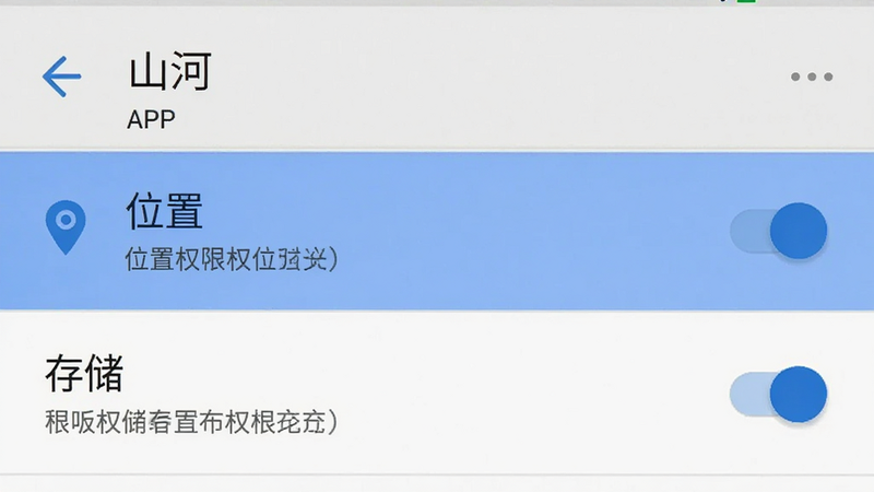 主体是手机设置界面截图,显示“山河”APP的权限管理页,布局为列表形式,高亮显示“位置”与“存储”权限开关,排版清晰,风格为安卓原生UI,细节包括开关状态与文字说明,画质清晰,干净,无多余元素