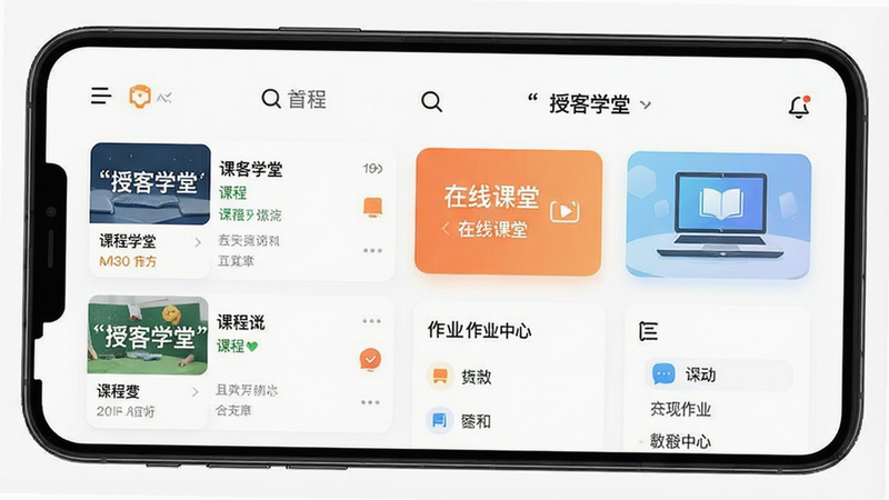 һ�Ÿ�����ֻ�Ӧ�ý���չʾͼ������Ϊ���ڿ�ѧ�á�APP��ҳ�����������������γ��б������߿�����ں���ҵ����ģ�飬�Ű��������򣬷��Ϊ�ִ���Լ��ƽ����ƣ�ϸ�ڴ����ֽ����Ƽ��У������������ɾ����޶���Ԫ�أ����ּ�������ʾ���ڿ�ѧ�á�