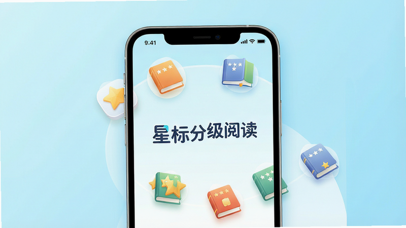 一张展示“星标分级阅读”应用主界面的高清设计图,主体为手机屏幕,背景为清新的浅蓝色渐变,屏幕中央显示“星标分级阅读”Logo,周围环绕着不同星级的书籍图标,布局清晰,排版整齐,风格现代简约,细节处有柔和的光影效果,画质4k,干净,无多余元素