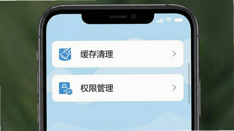一张手机设置界面的示意图,显示“缓存清理”和“权限管理”选项,界面简洁,图标清晰,背景为浅蓝色,风格扁平化,布局整齐,细节明确,画质高清,干净,无多余元素