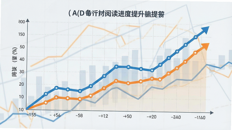 一张数据图表的概念图,展示上升的折线图,代表阅读进度的提升,图表颜色为蓝色和橙色,背景为浅灰色网格,风格商务简洁,布局平衡,细节准确,画质高清,干净,无多余元素