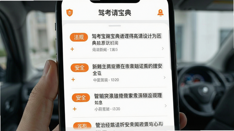 一张展示驾考宝典新闻资讯板块的界面设计图,主体为列表式布局,每条新闻前有分类标签如“法规”、“安全”,背景为白色,文字为深灰色,布局清晰分明,排版留白适中,风格简洁商务,细节处有橙色点缀,画质清晰,干净,无多余元素