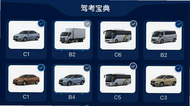 一张展示驾考宝典车型选择界面的UI设计图,主体为网格布局的汽车图标,包括轿车、货车、客车等,每个图标下有车型代码如“C1”、“B2”,背景为深蓝色,布局整齐有序,排版清晰易读,风格现代科技,细节处有选中标记,画质清晰,干净,无多余元素