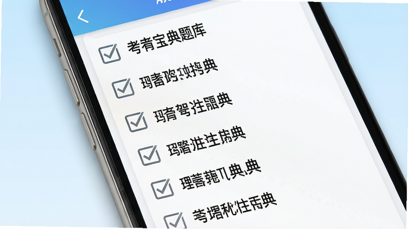 一张展示驾考宝典题库界面的特写图,主体为手机屏幕显示的多选题列表,背景为淡蓝色渐变,每个选项前有清晰的勾选框,文字为黑色宋体,布局紧凑有序,排版清晰易读,风格扁平化,细节处有轻微的阴影增加立体感,画质高保真,干净,无多余元素