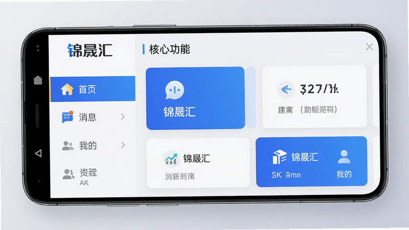 主体为“锦晟汇”APP的安卓手机界面展示图,布局采用现代扁平化设计,左侧为导航栏,右侧为核心功能卡片区域,排版清晰有序,风格科技感与商务感结合,细节包含高亮的“首页”、“消息”、“我的”图标,画质8k高清,干净无多余元素,背景为浅灰色渐变,文字“锦晟汇”清晰可见
