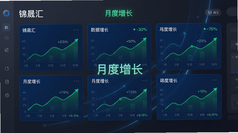 主体为“锦晟汇”APP内的数据报表界面,布局为网格化卡片展示,排版模块化,风格科技深蓝色调,细节包含上升的绿色折线图和百分比数值,画质高清,干净无多余元素,背景为深灰渐变,文字“月度增长”高亮显示