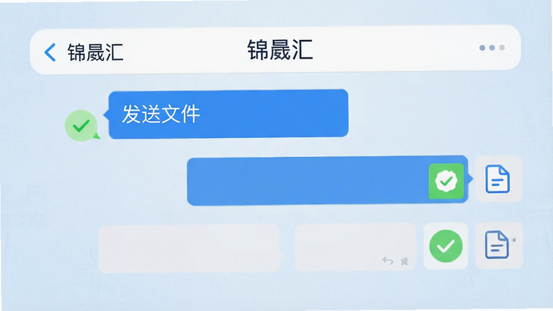 主体为“锦晟汇”APP内的聊天窗口界面,布局为左右气泡对话形式,排版符合微信式阅读习惯,风格商务蓝白色调,细节包含发送成功的绿色对勾和文件图标,画质8k,干净无多余元素,背景为淡蓝色纹理,文字“发送文件”清晰