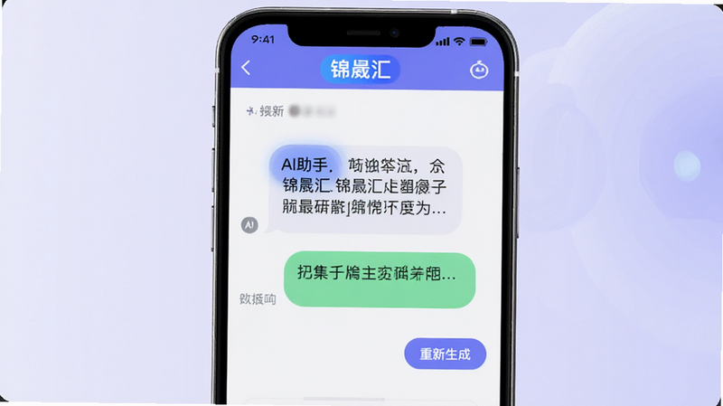 主体为“锦晟汇”APP内的AI助手对话界面,布局为聊天框形式,排版简洁,风格智能科技感,细节包含AI生成的文本气泡和“重新生成”按钮,画质8k,干净无多余元素,背景为淡紫色渐变,文字“AI助手”高亮显示