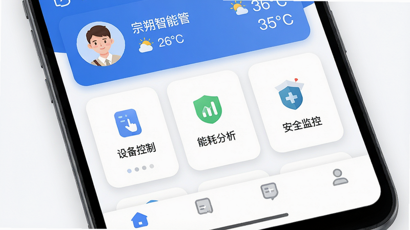 主体为宗朔智能管家app的安卓版主界面预览图,布局采用卡片式设计,顶部显示用户头像与天气信息,中部排列“设备控制”、“能耗分析”、“安全监控”三大核心功能入口,底部为导航栏,风格为现代简约扁平化,细节处体现柔和阴影与圆角矩形,文字清晰展示“宗朔智能管家”,画质高清,干净无多余元素