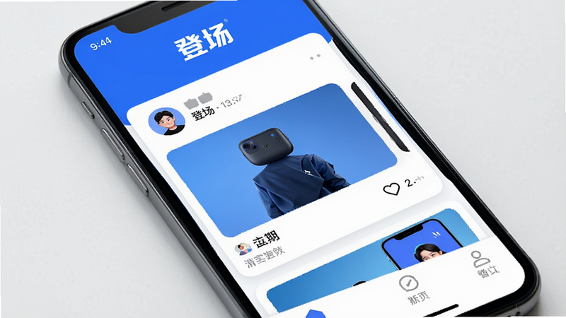 主体为手机屏幕展示《登场》APP首页界面,布局清晰简洁,顶部显示Logo“登场”,中间为卡片式内容流,底部为导航栏,风格现代简约,色调以蓝白为主,细节包含用户头像与点赞图标,画质高清,干净,无多余元素,文字“登场”清晰可见