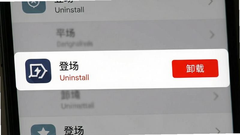 主体为手机设置界面,布局为列表式,中心高亮显示“登场”应用条目,风格扁平化,色调为灰白,细节包含“卸载”按钮红色高亮,画质清晰,干净,无多余元素,文字“Uninstall”红色