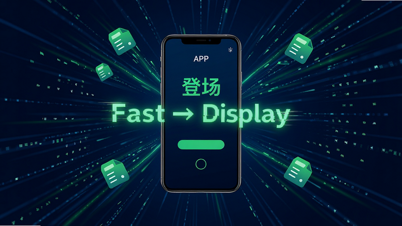 主体为抽象的数据流与手机界面融合图,布局呈放射状,中心为手机屏幕显示《登场》APP加载界面,风格科技感强,色调为深空蓝与荧光绿,细节包含速度线与数据包图标,画质超清,干净,无多余元素,文字“Fast Display”微光闪烁