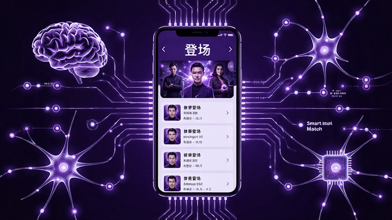 主体为大脑芯片与网络连接图,布局对称,中心为手机界面显示《登场》推荐列表,风格未来主义,色调为紫色与白色,细节包含神经元连接与数据节点,画质细腻,干净,无多余元素,文字“Smart Match”发光